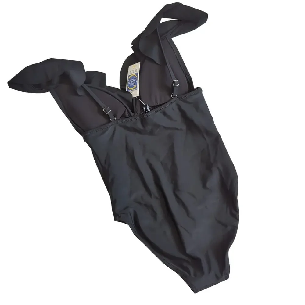 J. Crew Ruched Ruffle Shoulder V-neck One-Piece Swimsuit‎ Black XXS